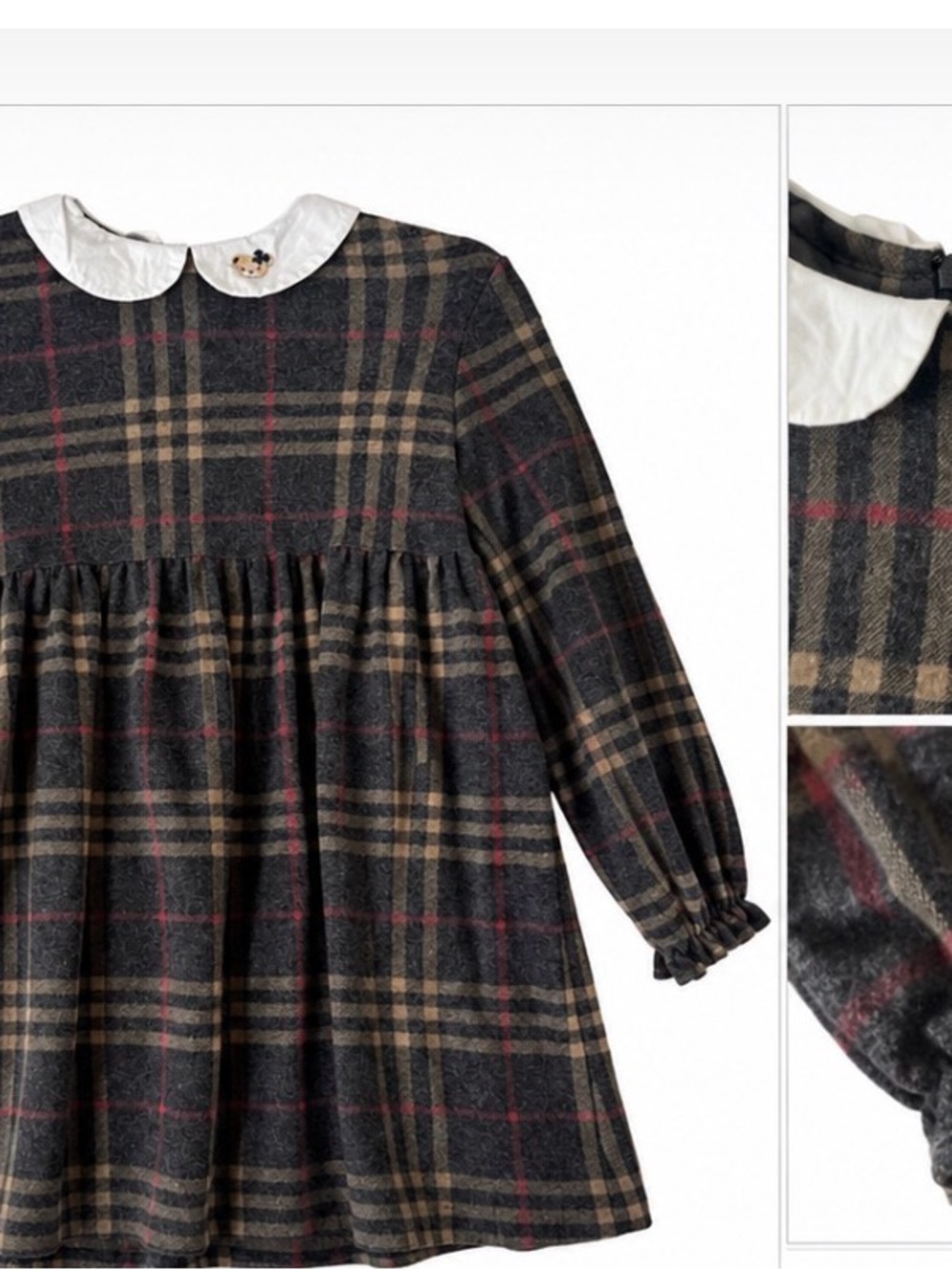 Classic Teddy Vintage  Plaid Long-Sleeve Dress w/ White Peter Pan Collar-Vintage